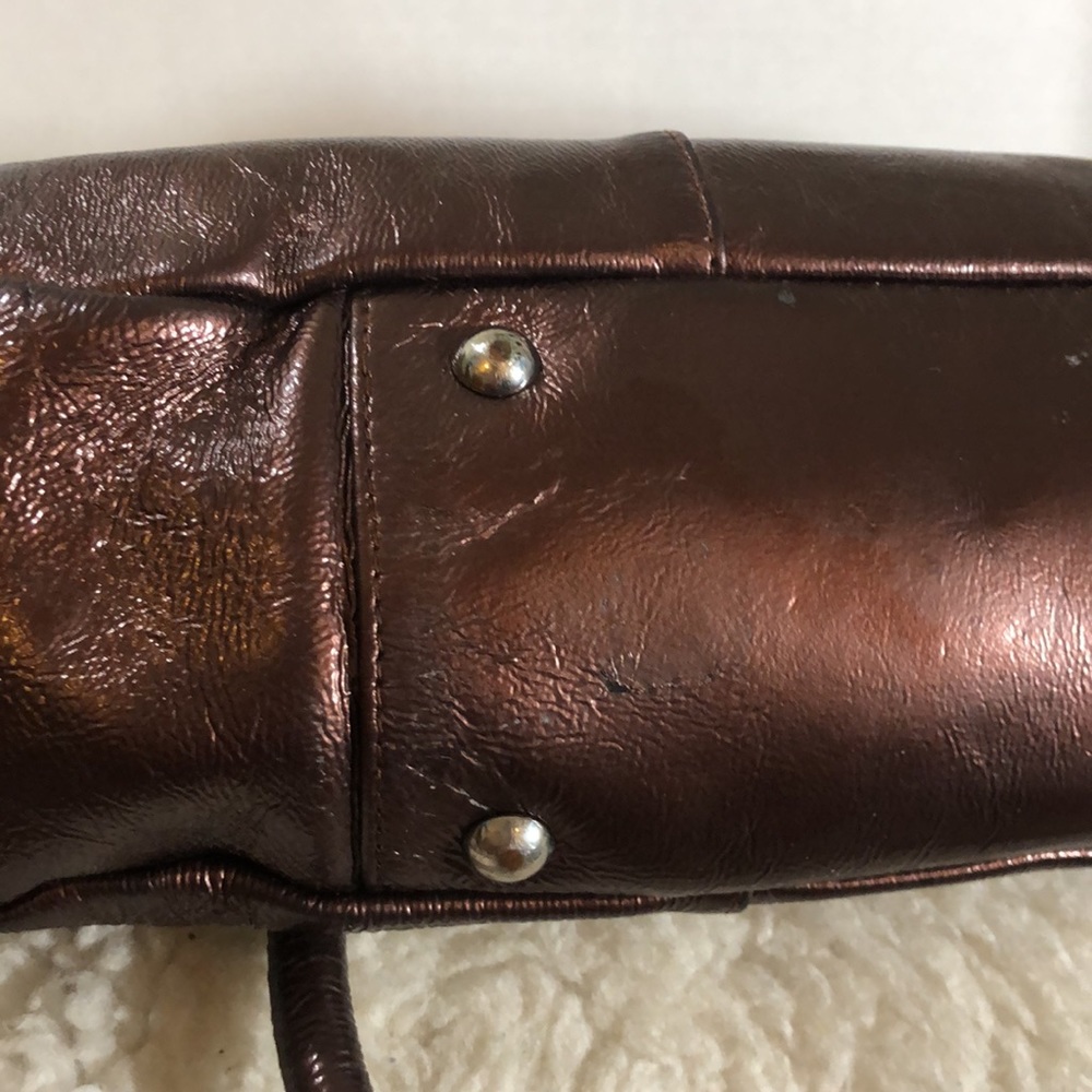 HOBO International Patent Metallic Lined Shoulder Satchel Leather Bag Brown - Picture 9 of 9